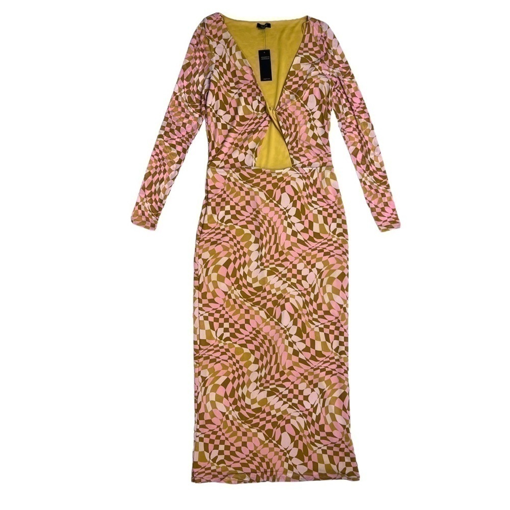 AFRM Geo Print Center Cut Out Long Sleeve MIDI Dress Small Checker Plunge barbie